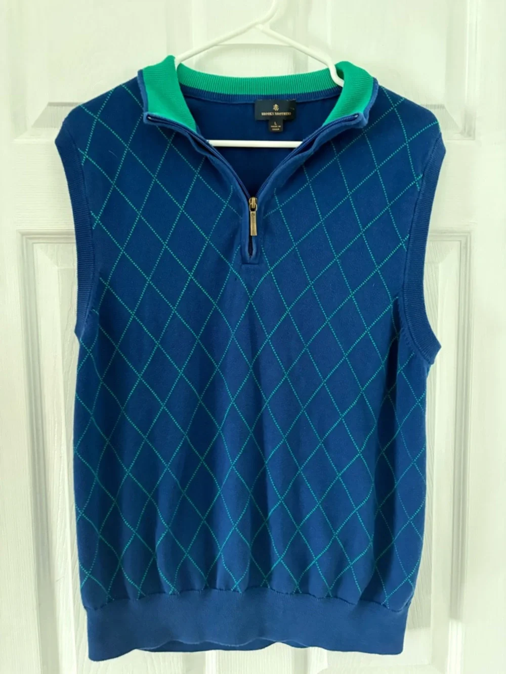 Brooks Brothers Argyle Sweater Vest Blue Green 1/4 Zip Preppy Golf Size L - Picture 6 of 6